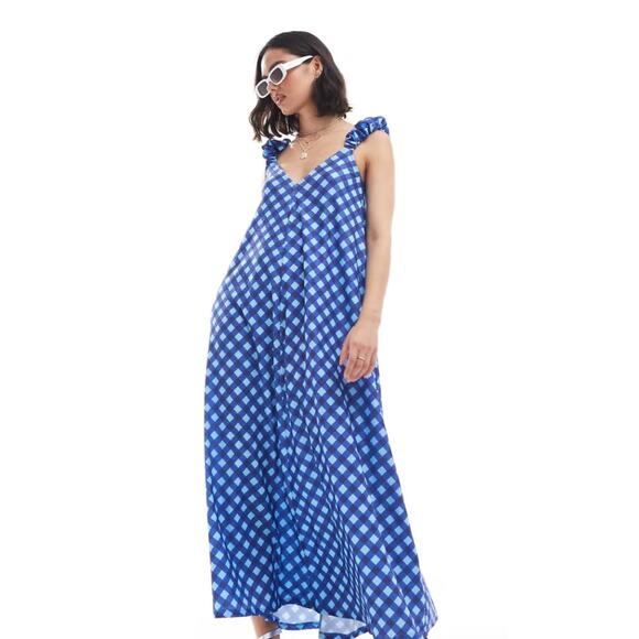 Asos Design Dresses & Skirts - 4682) Asos Design Blue Check Puff Sleeve Trapeze Maxi Dress Size 8